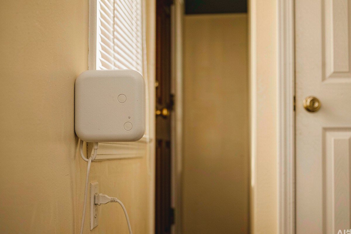 Quiet American hallway in soft natural daylight with a small plain white rounded device in soft focus near a low wall outlet, no logos, no people, no visible screen content