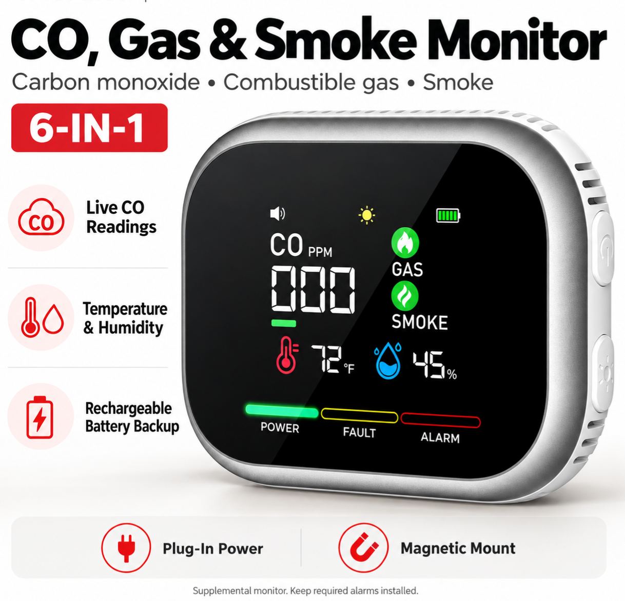 HD16 6-in-1 Carbon Monoxide Monitor with Real-Time Display, Gas & Smoke Detection, Temperature, Humidity and Battery Backup