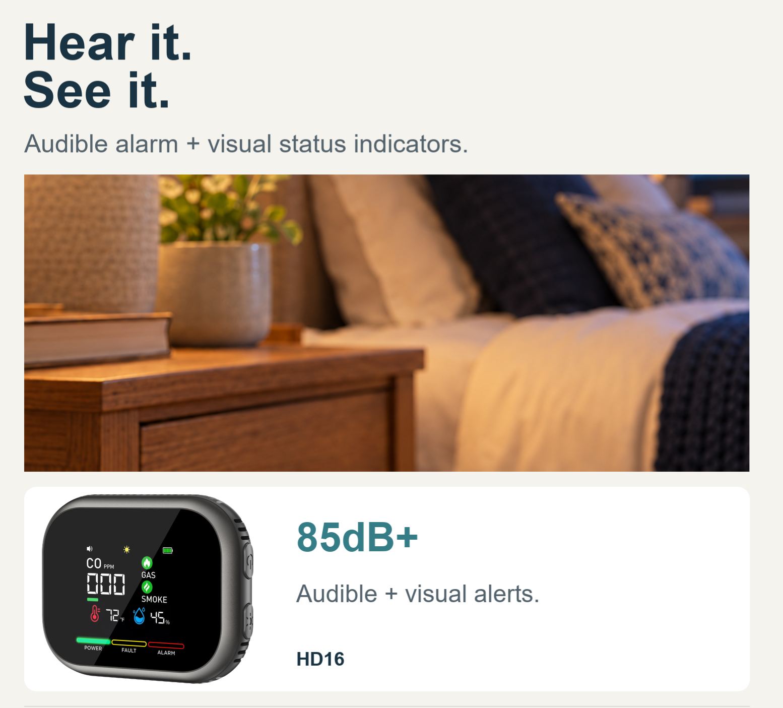 HD16 6-in-1 Carbon Monoxide Monitor with Real-Time Display, Gas & Smoke Detection, Temperature, Humidity and Battery Backup