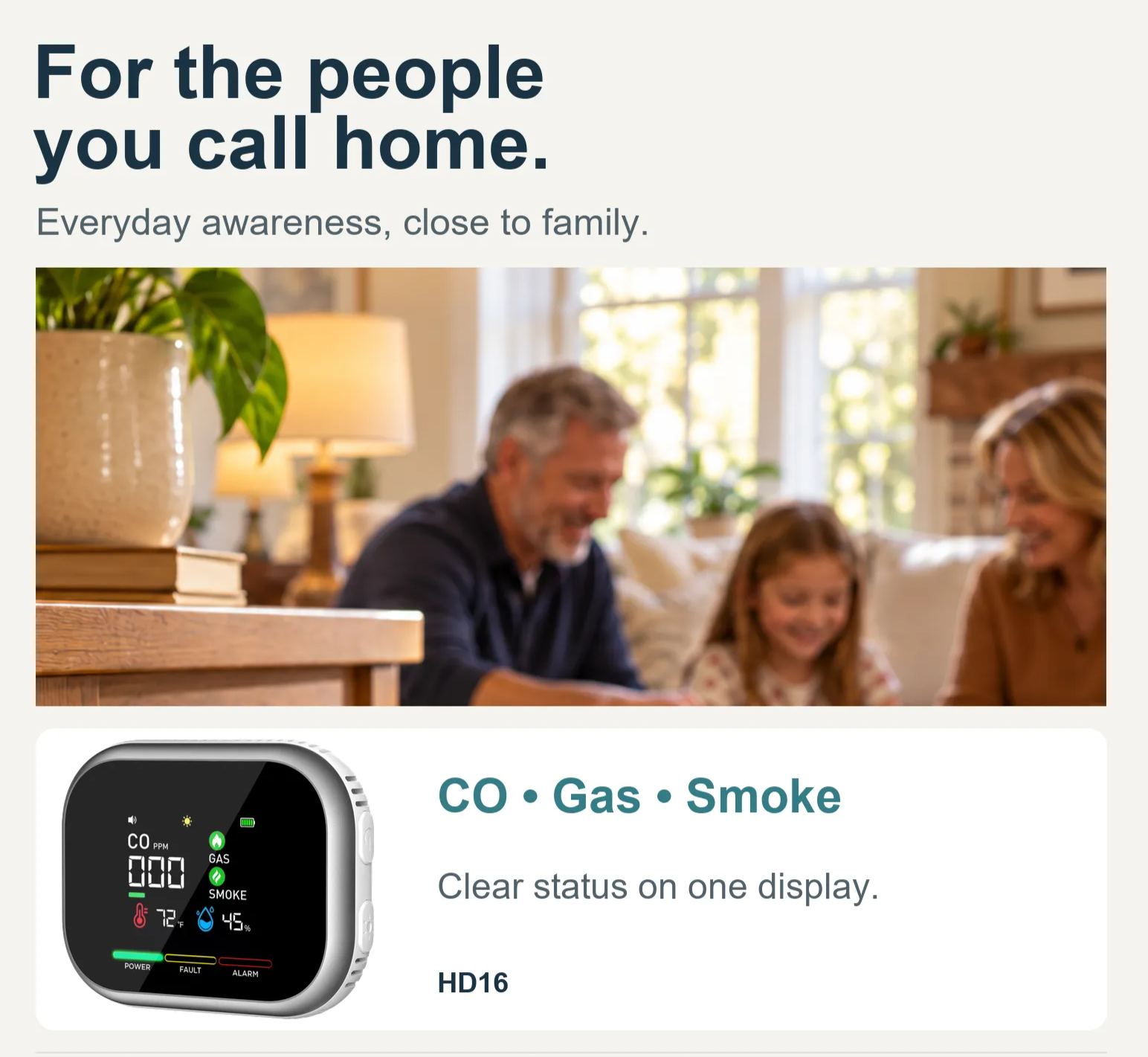 HD16 6-in-1 Carbon Monoxide Monitor with Real-Time Display, Gas & Smoke Detection, Temperature, Humidity and Battery Backup