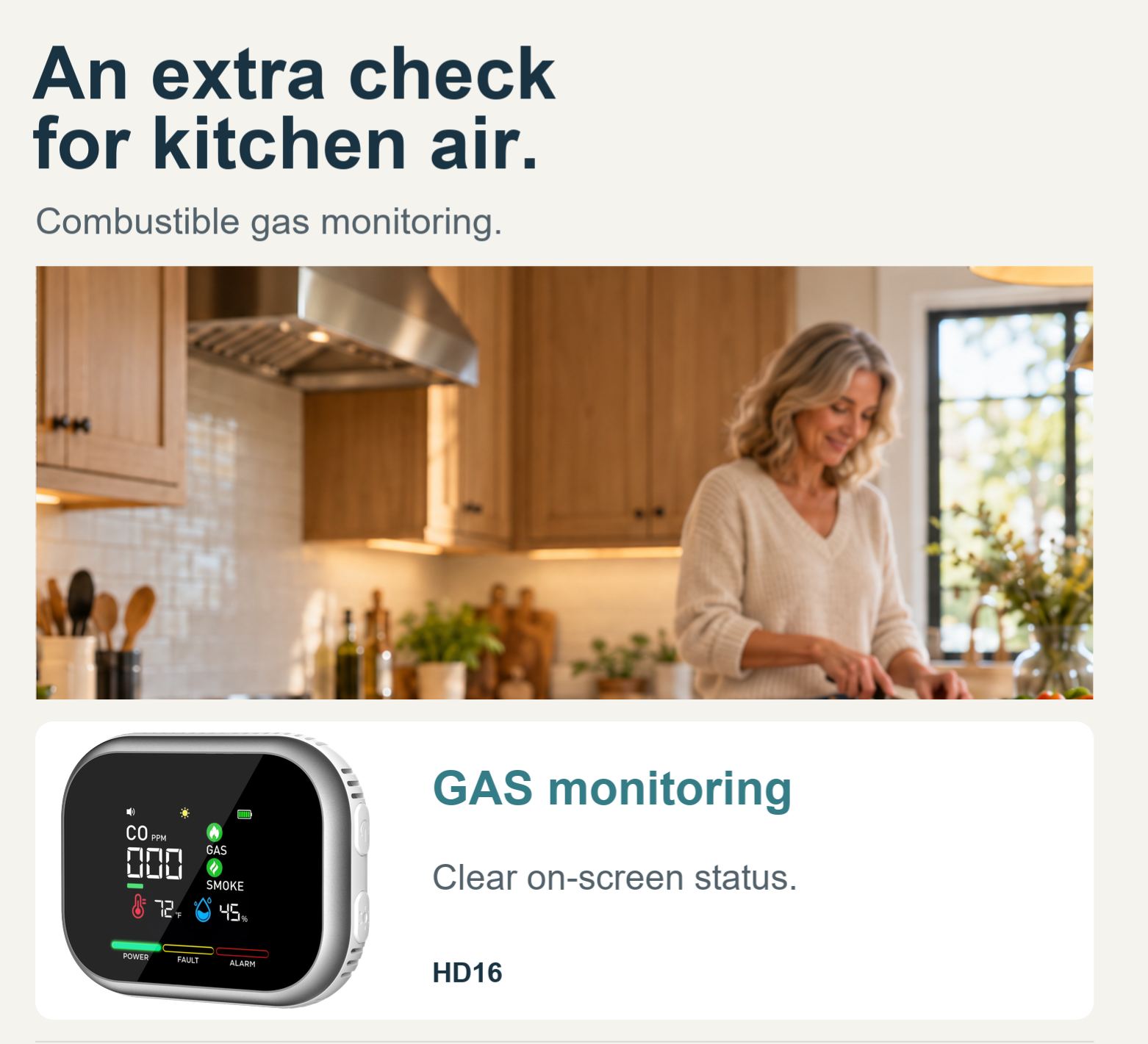 HD16 6-in-1 Carbon Monoxide Monitor with Real-Time Display, Gas & Smoke Detection, Temperature, Humidity and Battery Backup