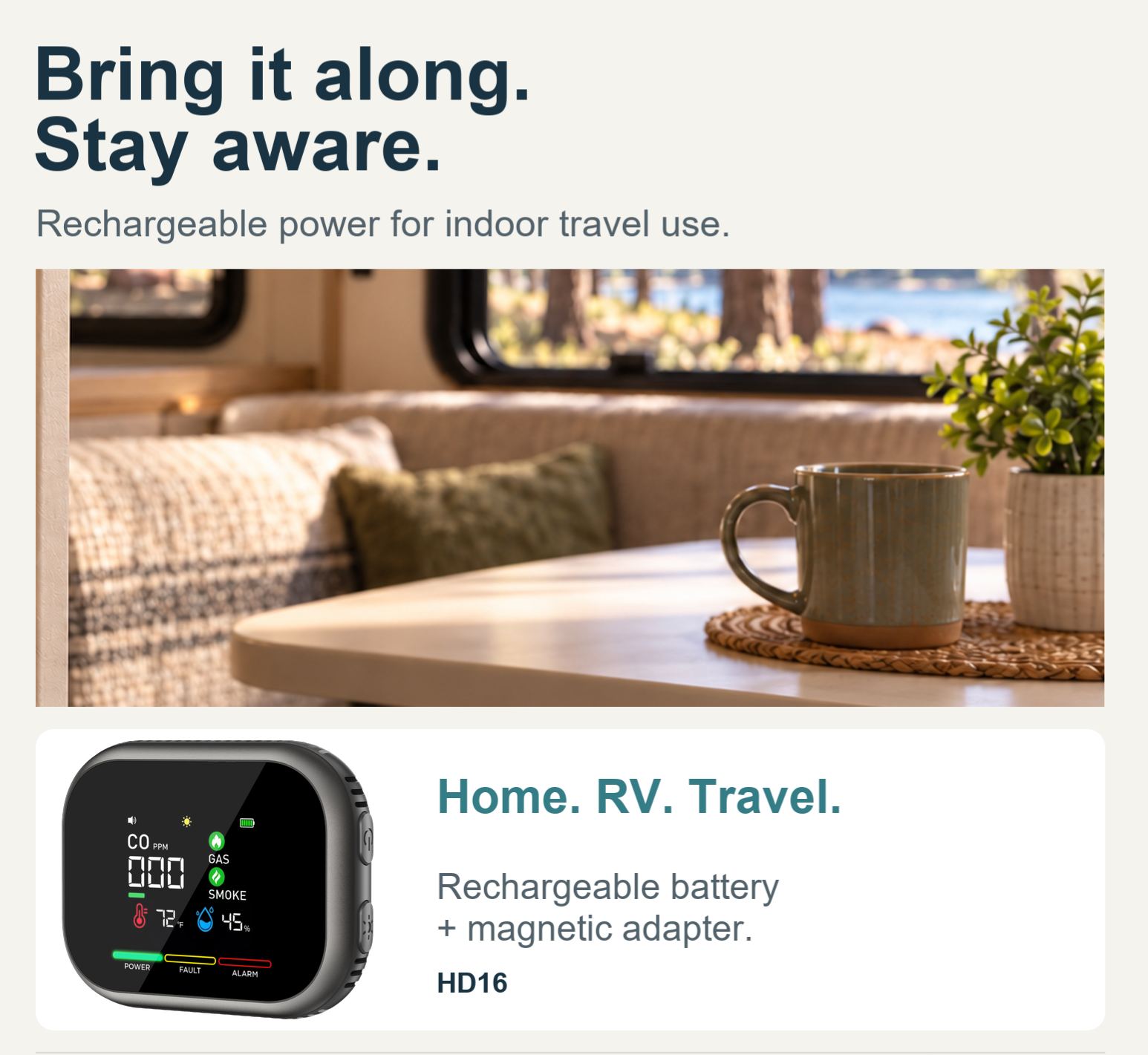 HD16 6-in-1 Carbon Monoxide Monitor with Real-Time Display, Gas & Smoke Detection, Temperature, Humidity and Battery Backup