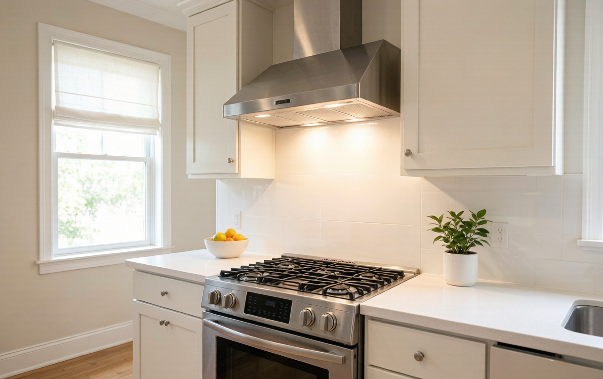 Modern kitchen with gas stove and range hood — the #1 location for a gas leak alarm