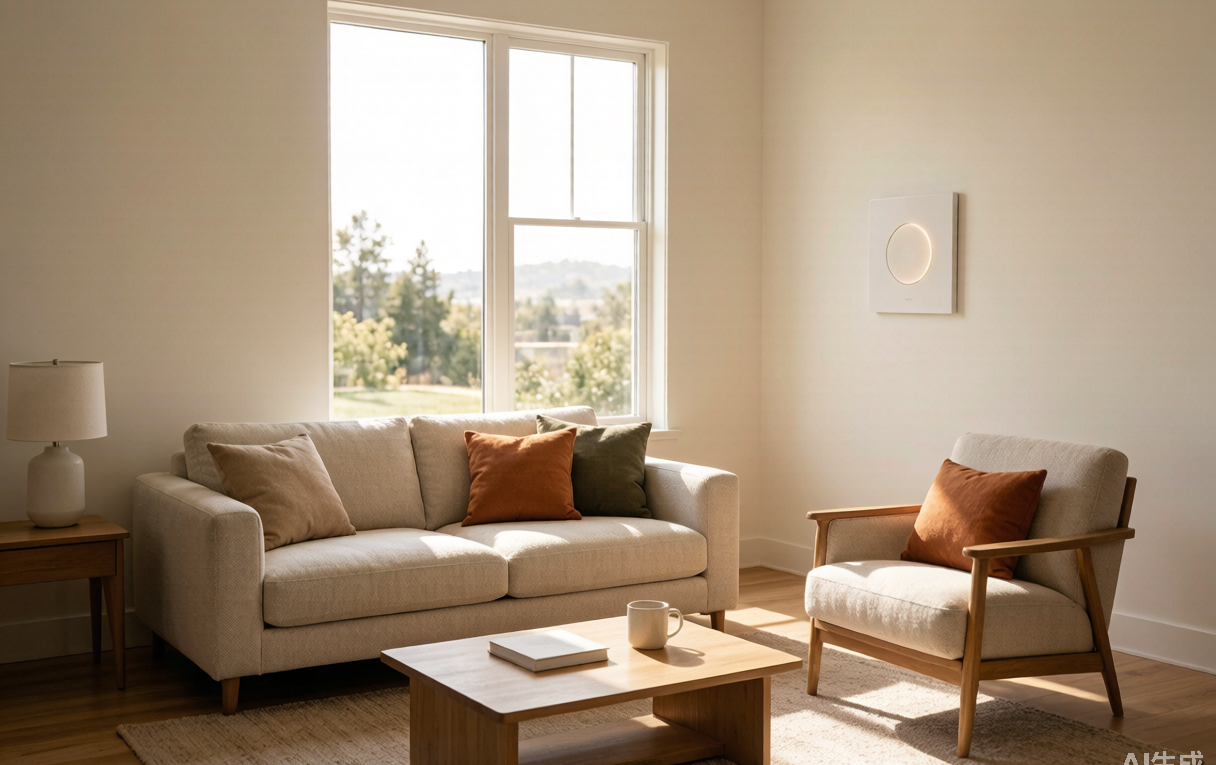 Warm modern American living room with afternoon daylight and a soft glowing wall indicator suggesting a discreet air-quality panel, no product logos, no people