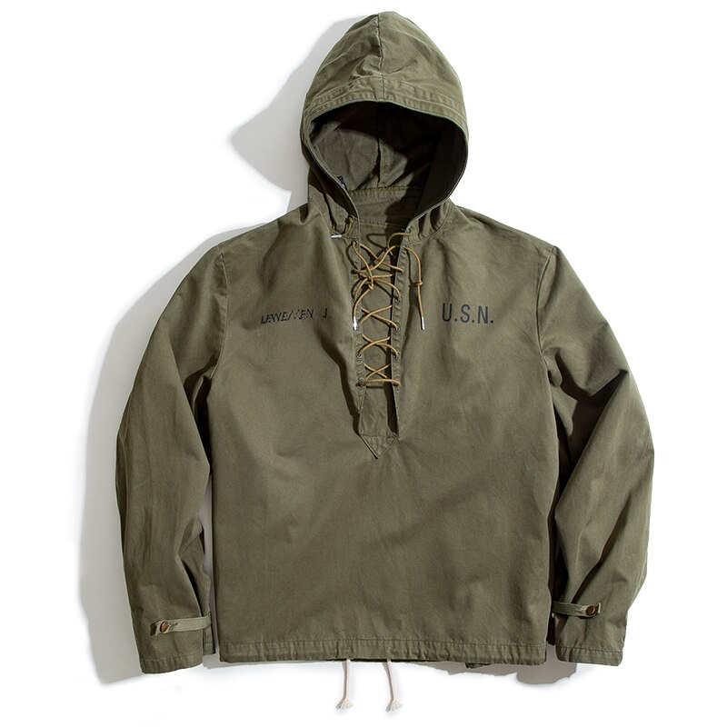 Male Hooded Pullover Long Sleeve Deck Parker Jacket Drawstring Neckline Workwear Jacket Green Cuffs Ribbon Closure Jacket
