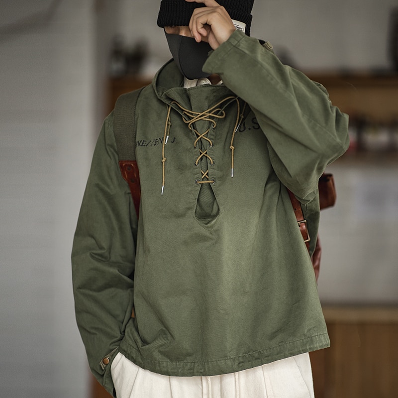 Male Hooded Pullover Long Sleeve Deck Parker Jacket Drawstring Neckline Workwear Jacket Green Cuffs Ribbon Closure Jacket