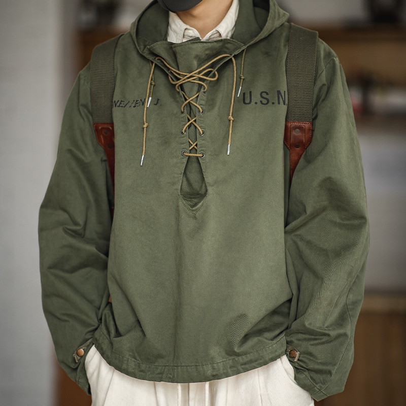 Male Hooded Pullover Long Sleeve Deck Parker Jacket Drawstring Neckline Workwear Jacket Green Cuffs Ribbon Closure Jacket