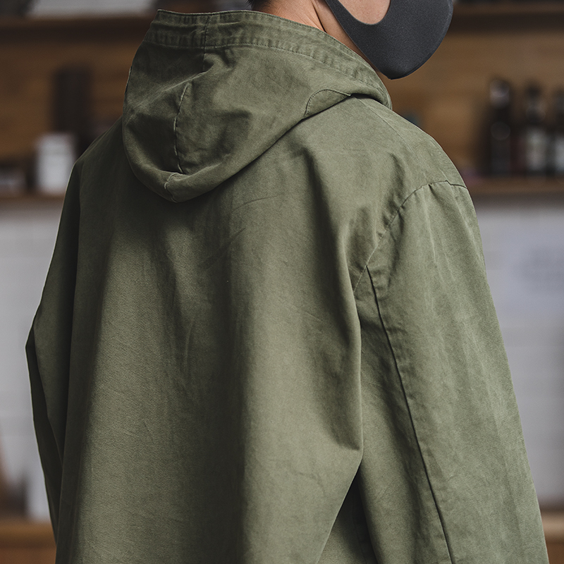 Male Hooded Pullover Long Sleeve Deck Parker Jacket Drawstring Neckline Workwear Jacket Green Cuffs Ribbon Closure Jacket