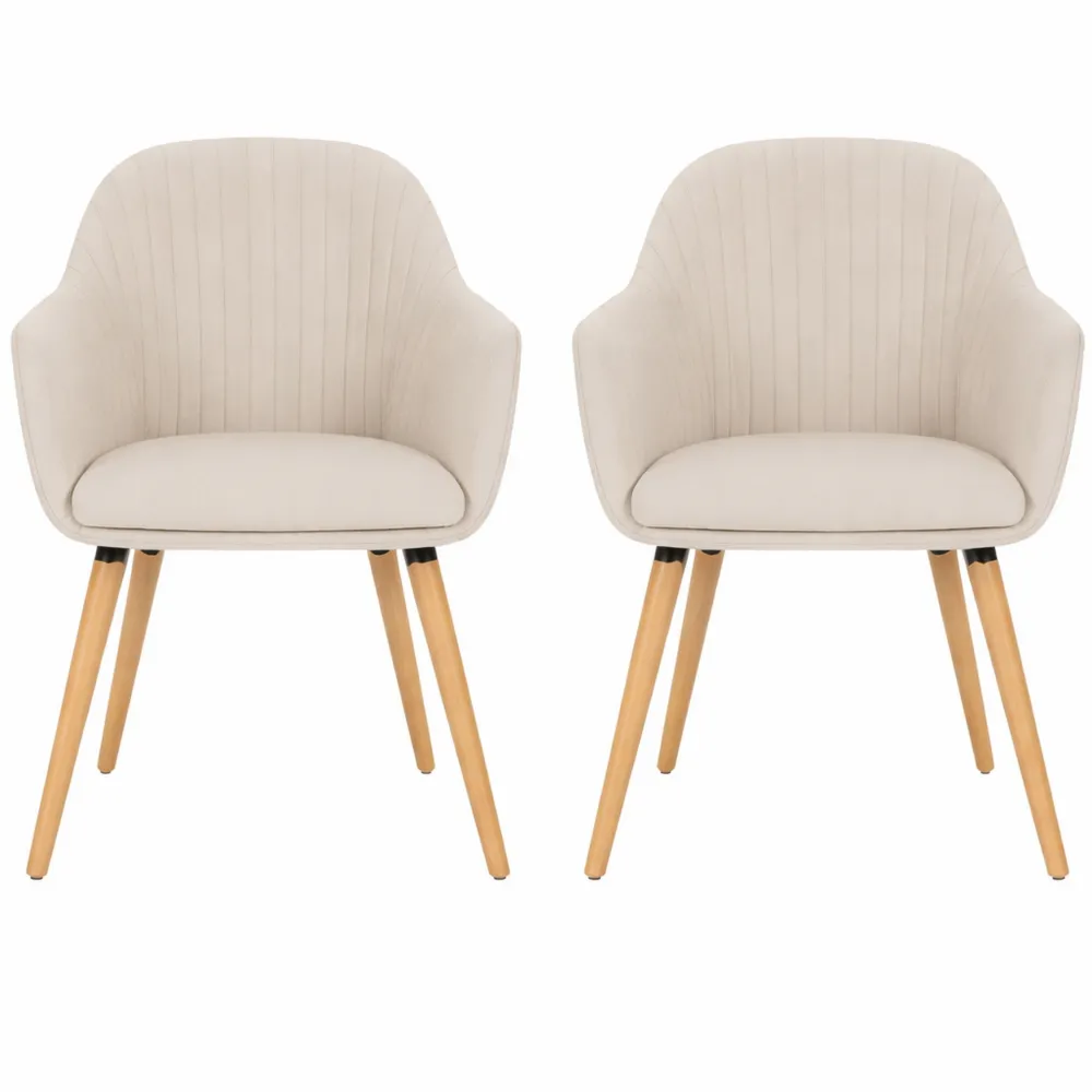 Set di 2 Sedie da Pranzo con Braccioli e Seduta in Velluto Crema