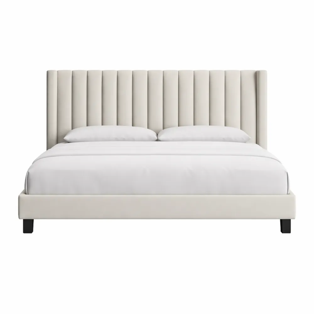 Letto Imbottito Matrimoniale 160x200 cm con Testiera a Strisce e Struttura Antirumore Beige