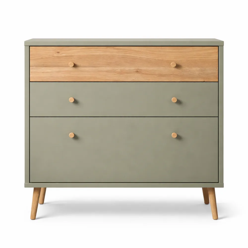 Cassettiera Moderna con 3 Cassetti in Stile Scandinavo, Salvia e Rovere