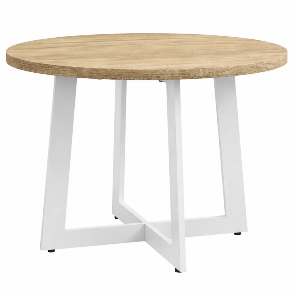 Tavolo da pranzo rotondo moderno per 4 persone con piano in legno e base in acciaio incrociato