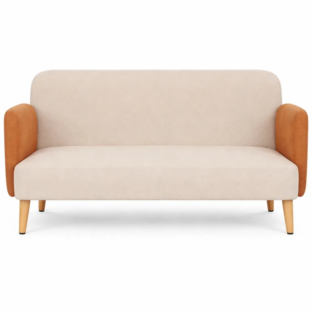 Divano Nordico a 2 Posti in Tessuto con Imbottitura e Gambe in Legno, Crema e Arancione