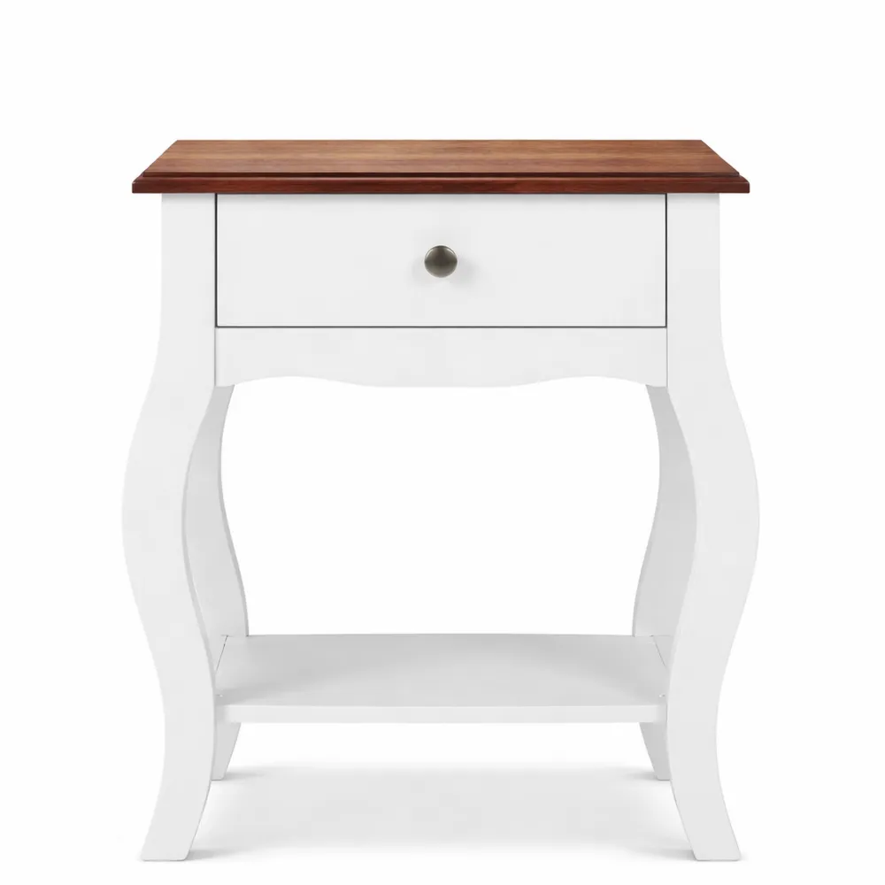 Comodino Camera da Letto in MDF con Cassetto e Ripiano Aperto, Stile Francese, 45x35x55 cm, Bianco e Rovere