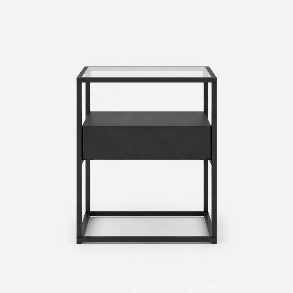 Comodino in Acciaio con Piano in Vetro Temperato e Scomparto Aperto 51x40x40 cm - Nero Opaco