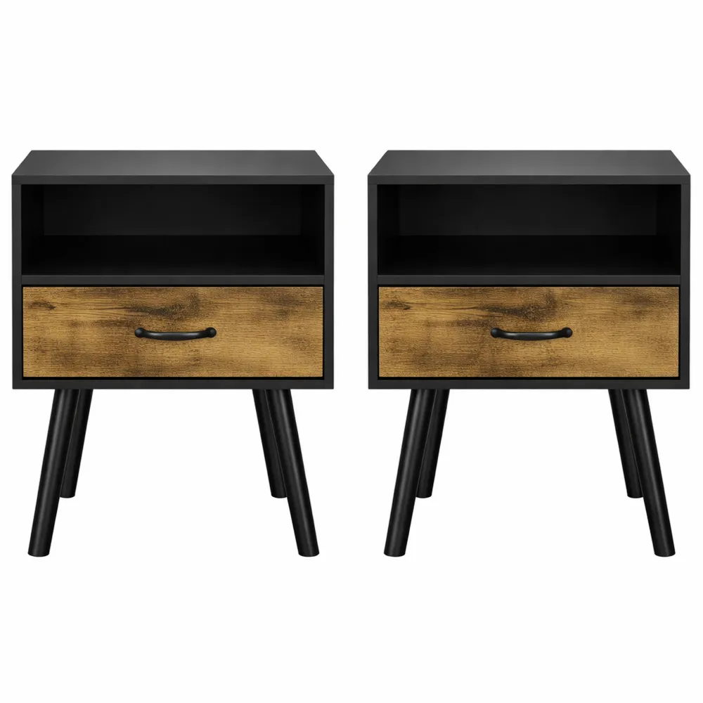 Set di 2 comodini con cassetto e scomparto aperto per soggiorno o corridoio, colore nero effetto legno scuro