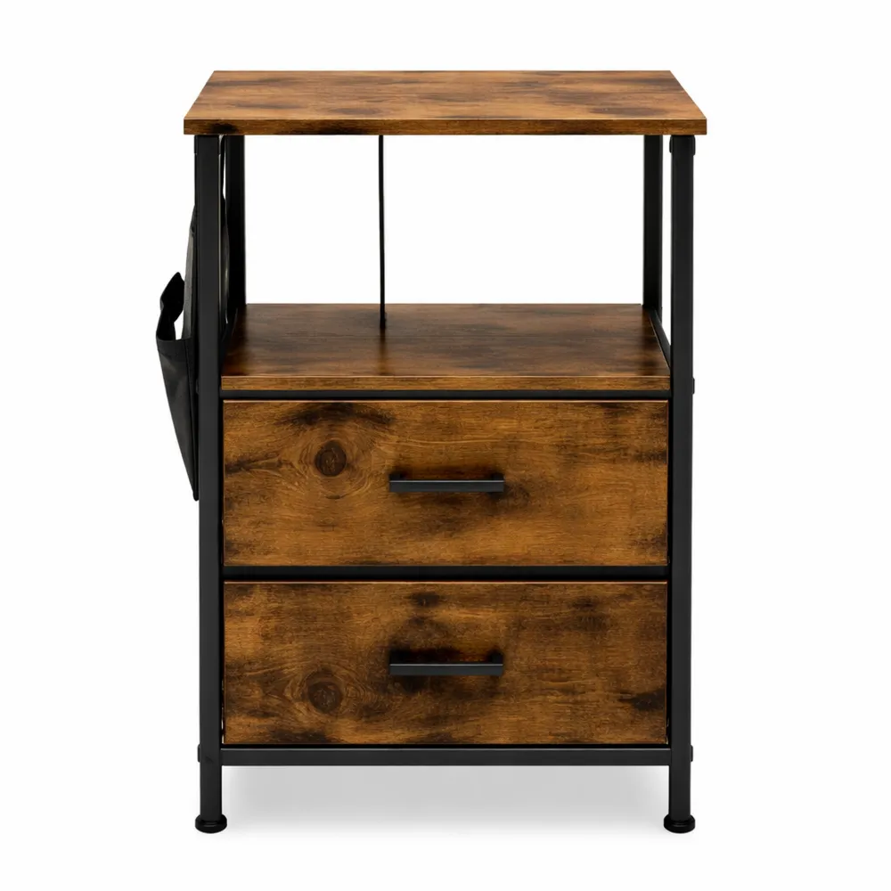 Comodino Industriale con Prese e Porta USB, Tavolino con Cassetti e Tasche