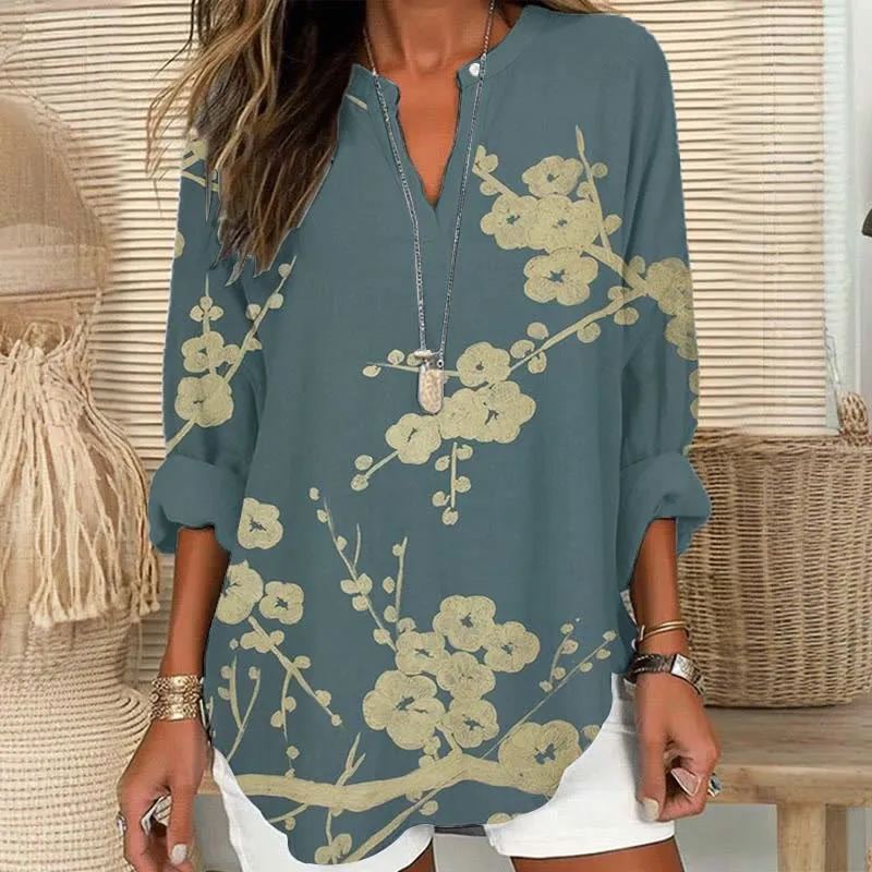 Vintage Floral Art Print V Neck Long Sleeve Blouse