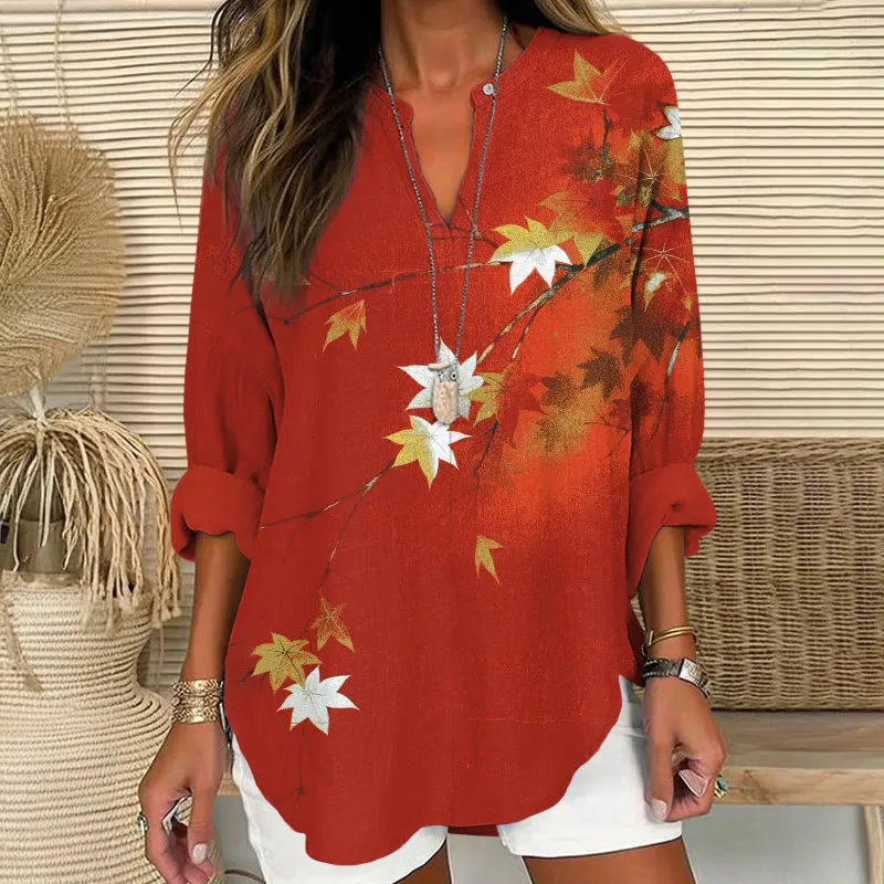 Vintage Floral Art Print V Neck Long Sleeve Blouse