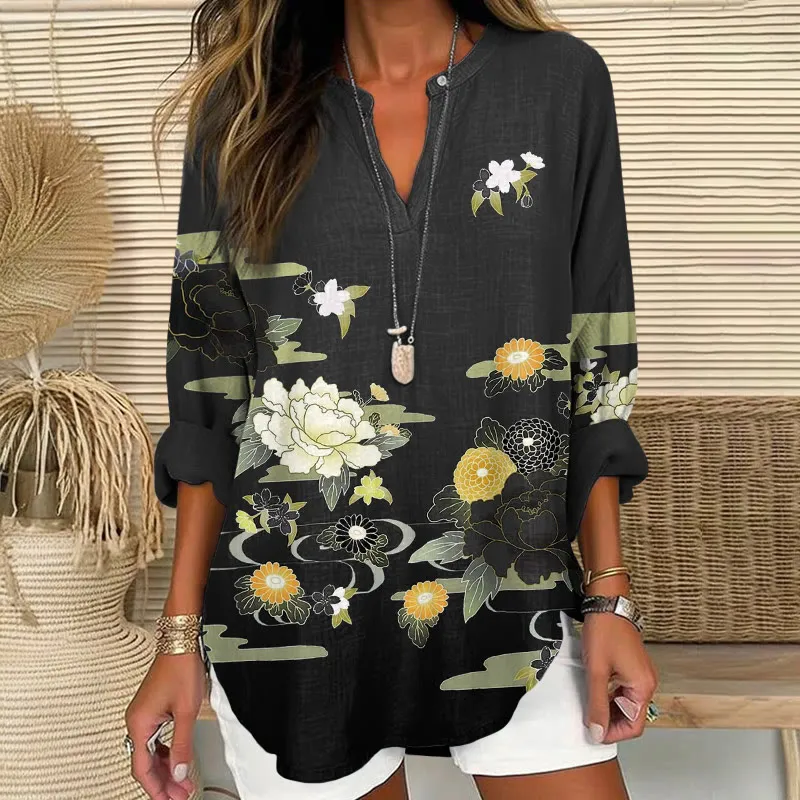 Vintage Floral Art Print V Neck Long Sleeve Blouse