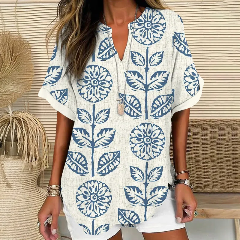 Vintage Floral Art Print V Neck Long Sleeve Blouse