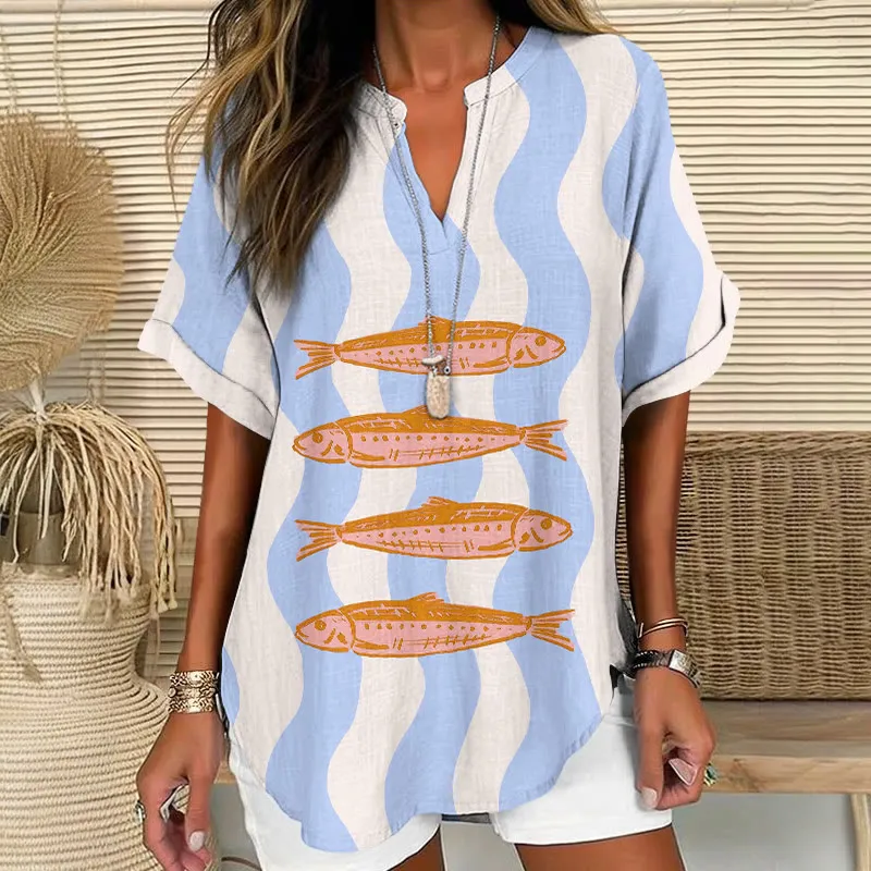 Vintage Floral Art Print V Neck Long Sleeve Blouse