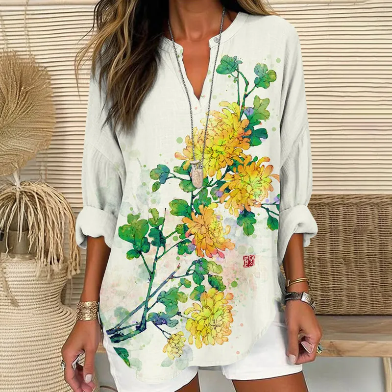 Vintage Floral Art Print V Neck Long Sleeve Blouse