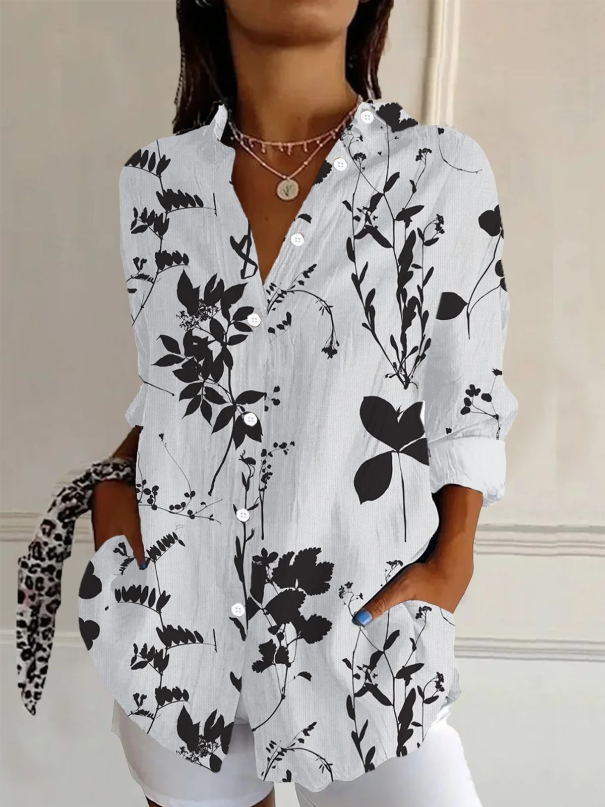 Women Abstract Shirt Collar Long Sleeve Shirt Buckle Casual Daily Spring/Fall Top