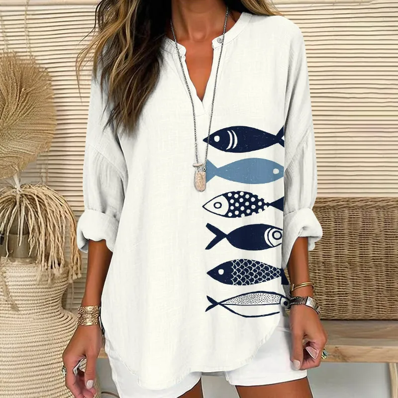 Vintage Floral Art Print V Neck Long Sleeve Blouse