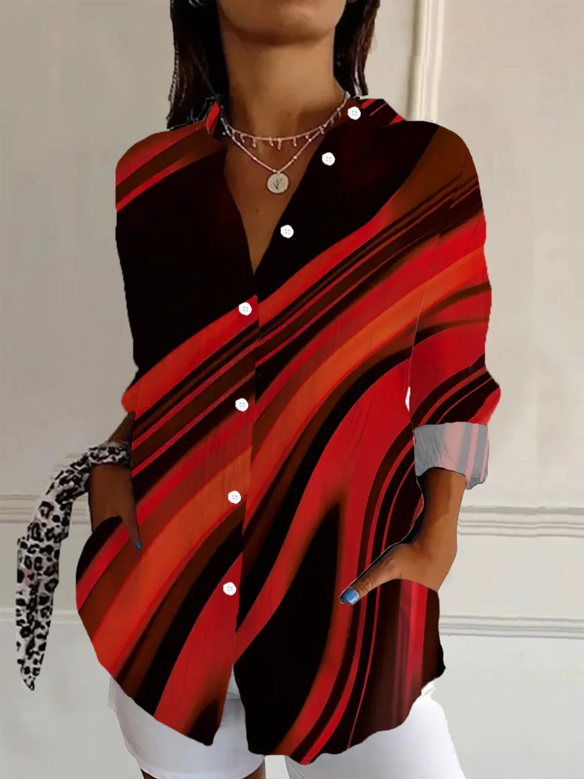 Women Abstract Shirt Collar Long Sleeve Shirt Buckle Casual Daily Spring/Fall Top