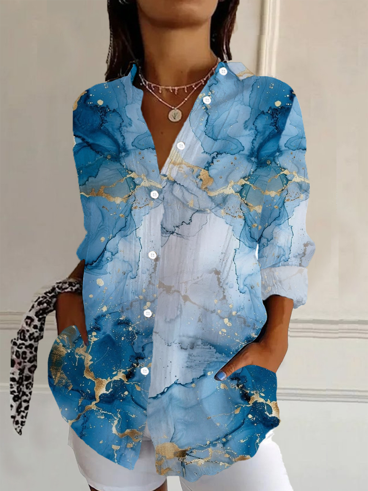 Women Abstract Shirt Collar Long Sleeve Shirt Buckle Casual Daily Spring/Fall Top