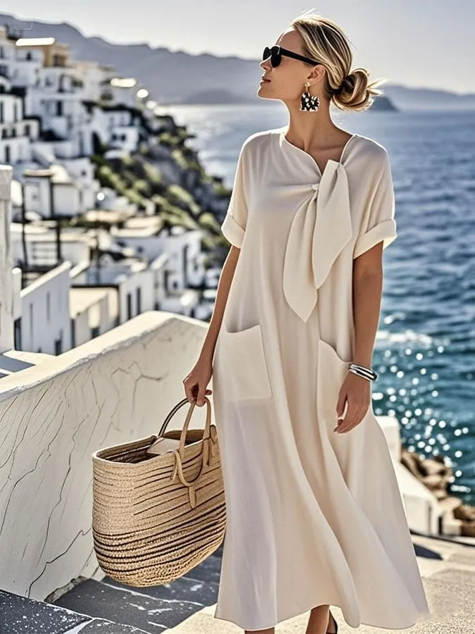 Women'S Solid Color Loose Cotton And Linen Pocket Dress