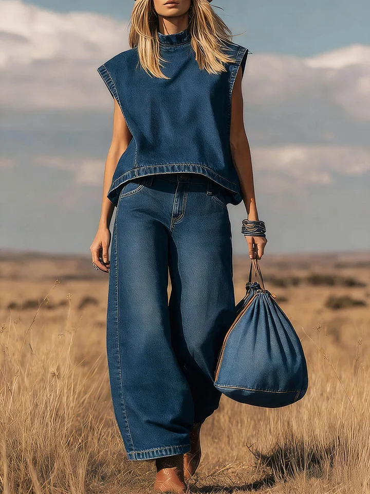 Women's Stand-collar Sleeveless Casual Loose Top And High-waisted Loose Wide-leg Denim Pants Set