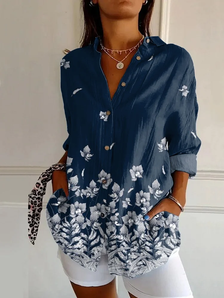 Women Abstract Shirt Collar Long Sleeve Shirt Buckle Casual Daily Spring/Fall Top