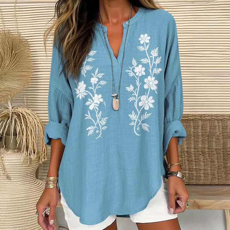 Vintage Floral Art Print V Neck Long Sleeve Blouse