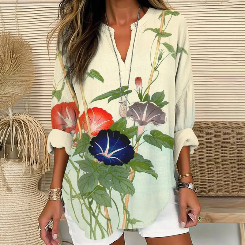 Vintage Floral Art Print V Neck Long Sleeve Blouse