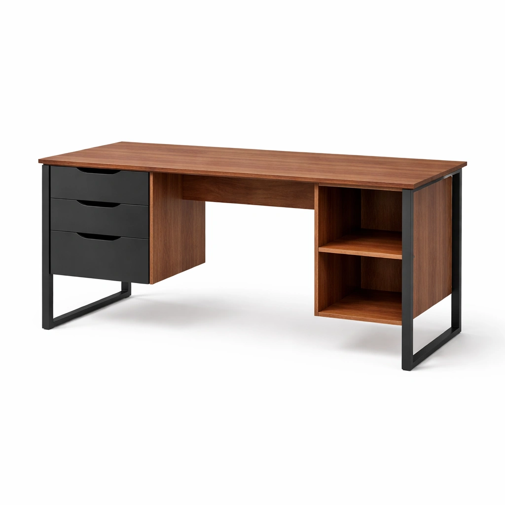 Escritorio de Madera y Metal con Cajones y Estantería-NESTSONA