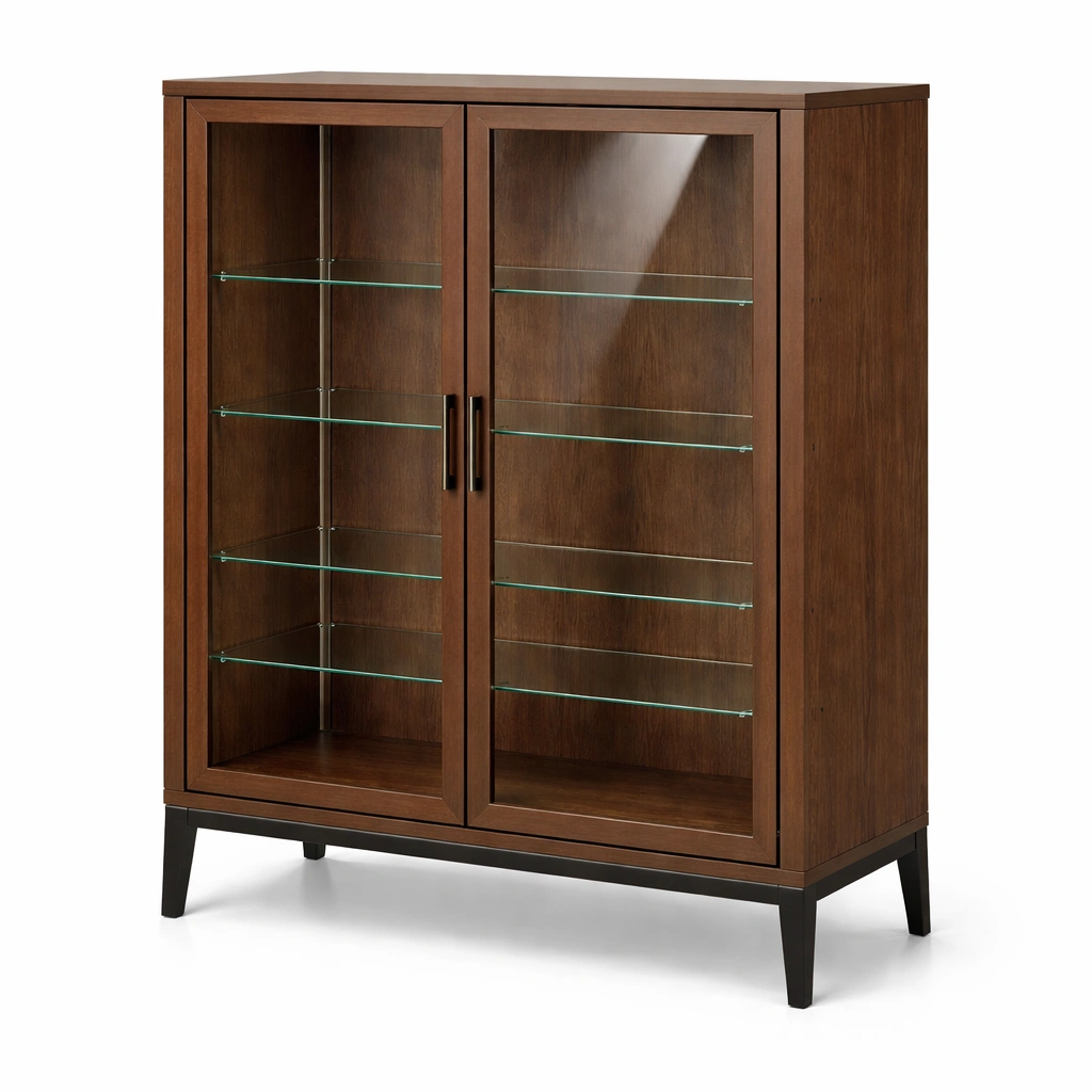 Vitrina de madera de nogal con puertas de vidrio templado-NESTSONA