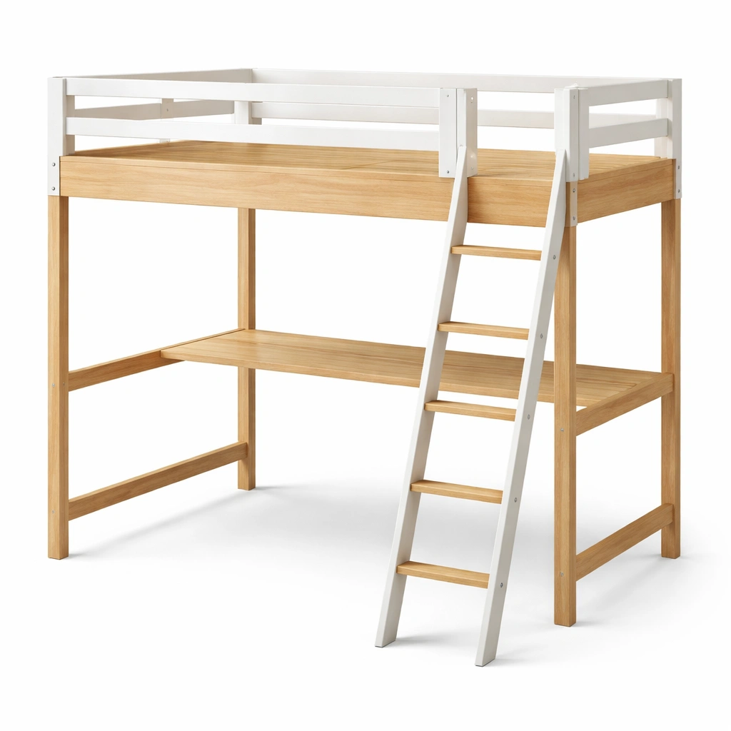 Cama loft Alta de Madera Maciza con Escritorio y Escalera-NESTSONA