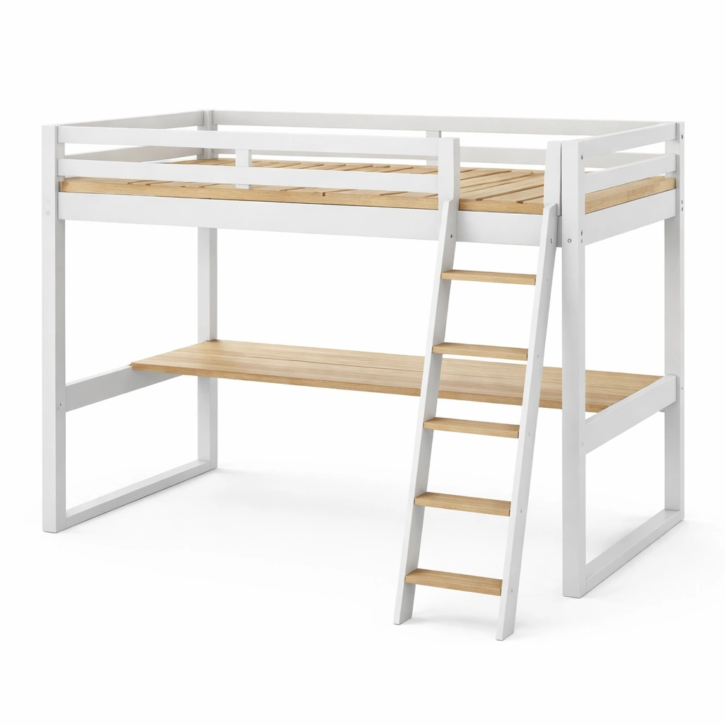 Cama loft Alta de Madera con Escritorio y Escalera Blanca-NESTSONA