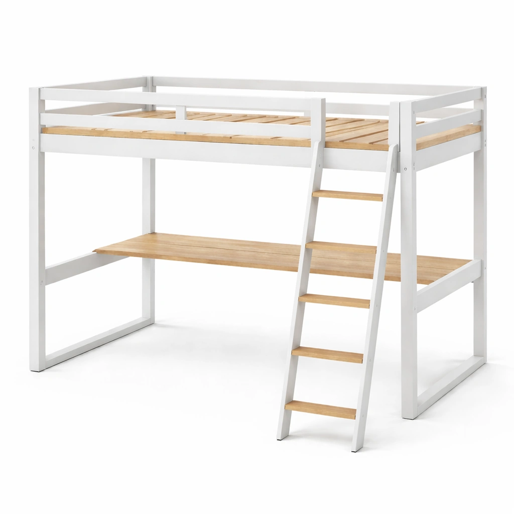 Cama loft Alta de Madera y Metal Blanco con Escritorio-NESTSONA