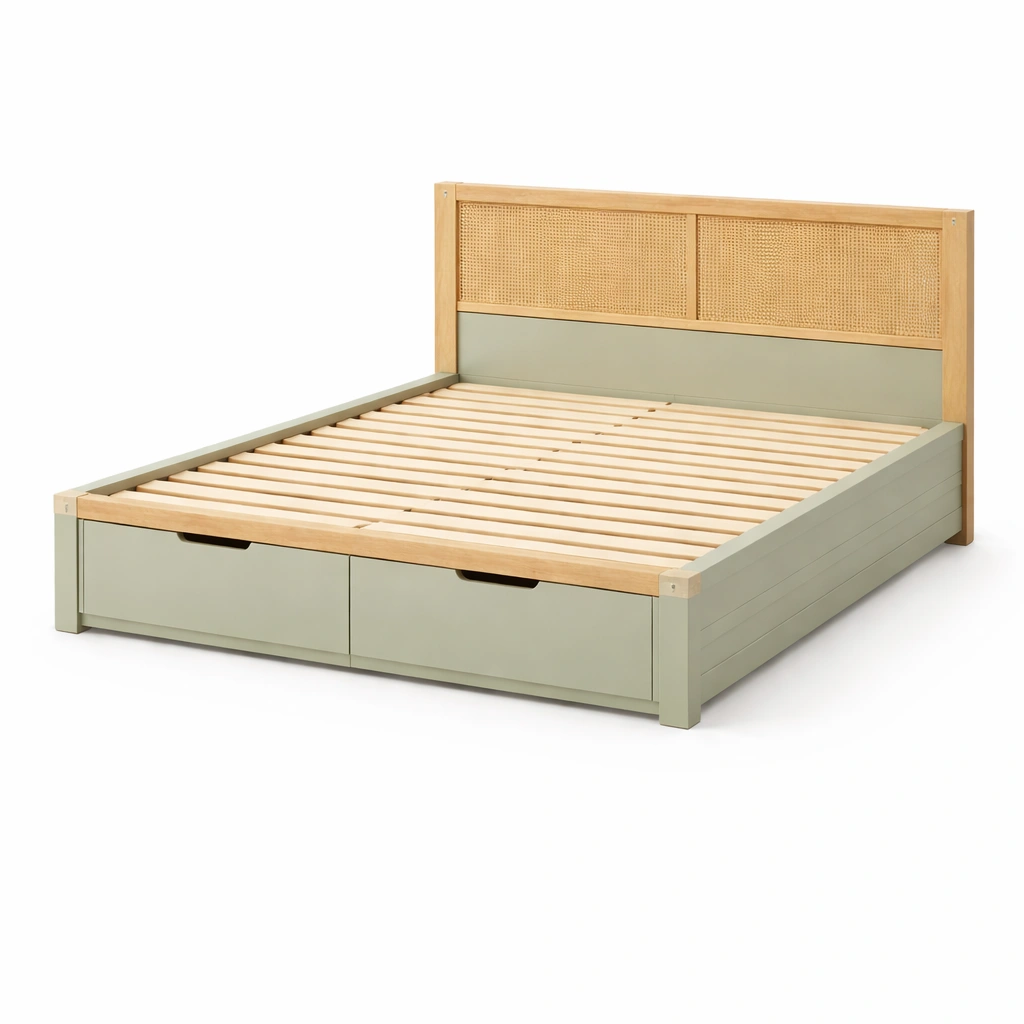 Cama con almacenamiento de Madera y Ratán con Almacenamiento-NESTSONA