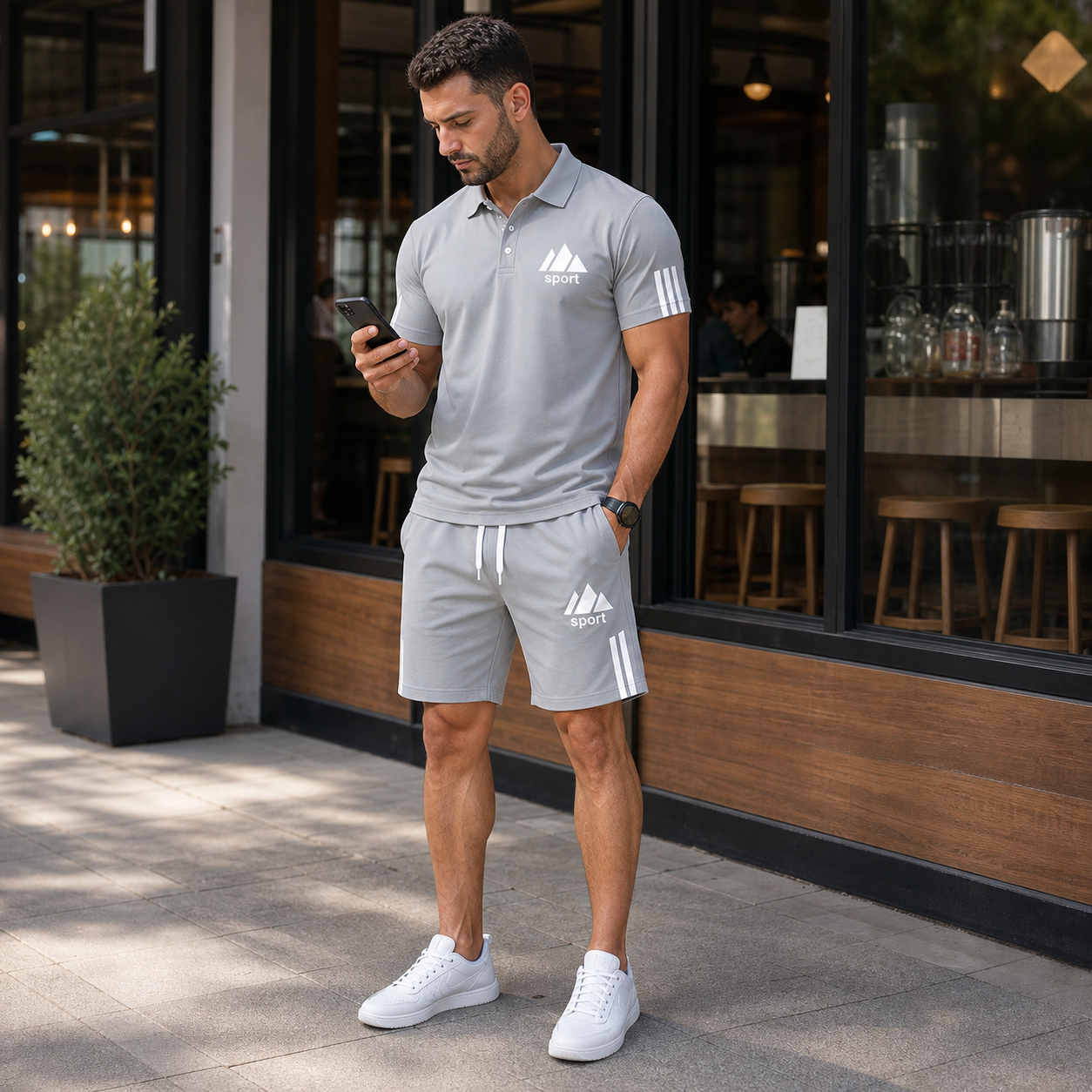 Alltags-Look Inspiration mit grauem Polohemd und passenden Shorts