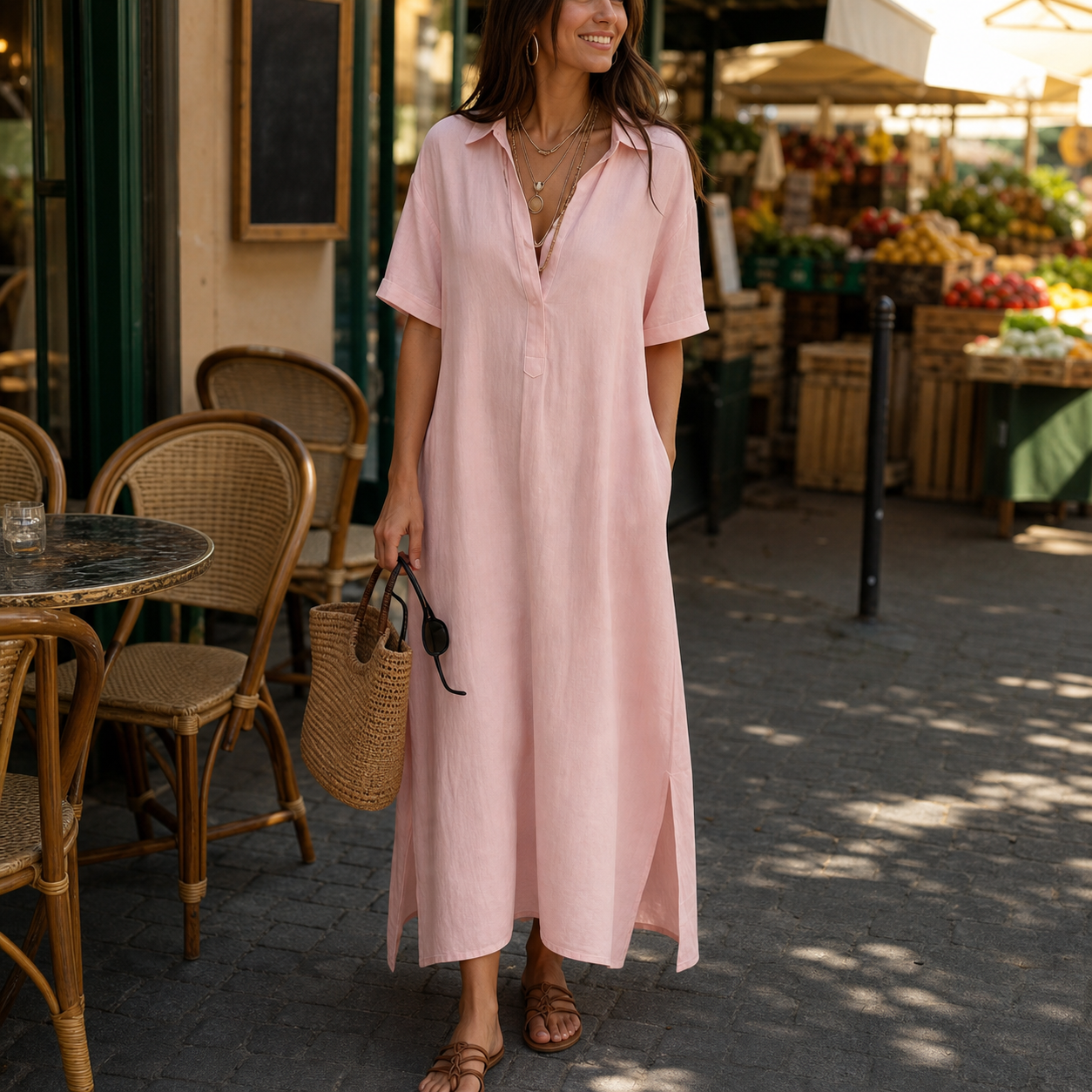 Alltags-Look Inspiration mit rosafarbenem Baumwoll-Leinen Maxikleid