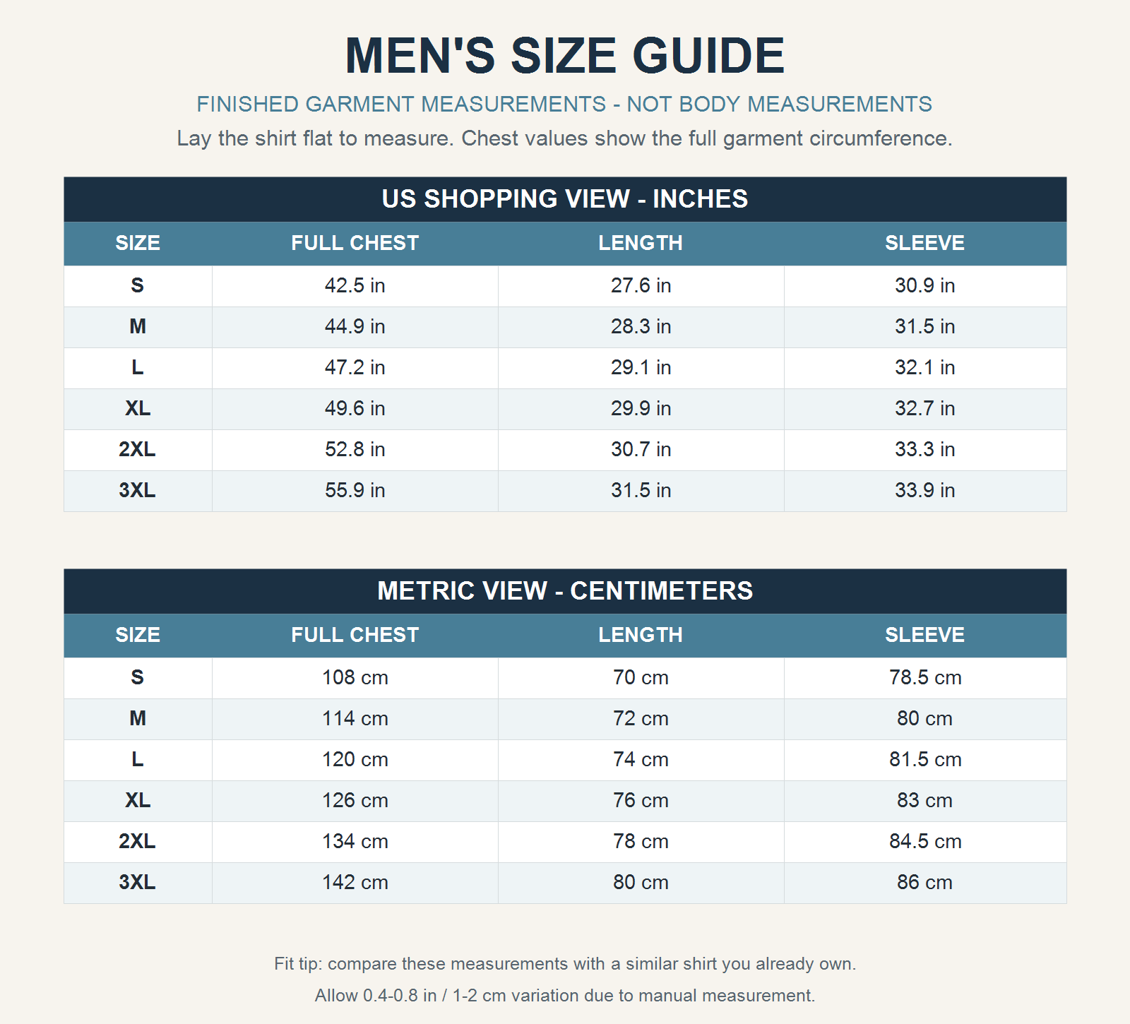 Men's quarter-zip pullover size guide in inches and centimeters