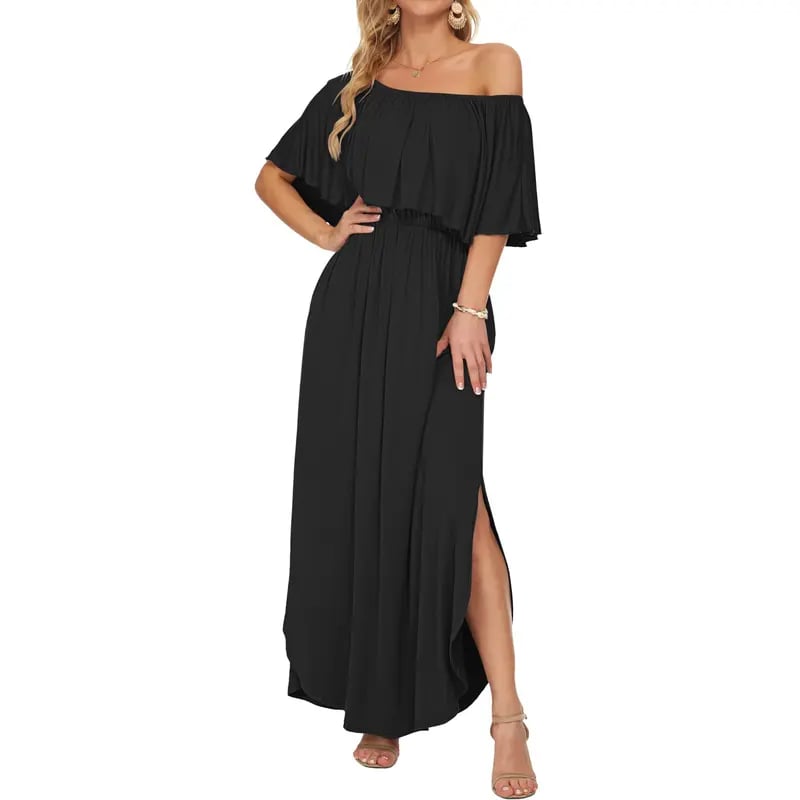 🔥LAST DAY 49% OFF - 🔥Women's Off The Shoulder Dress Wedding Guest Dress Summer Casual Long Ruffle Party Side Split Beach Maxi Dresses