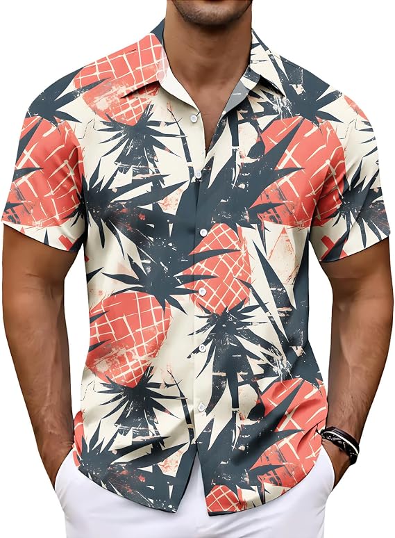 Men Tropical Plant Print Camp Collar Short Sleeve Hawaiian Shirt
