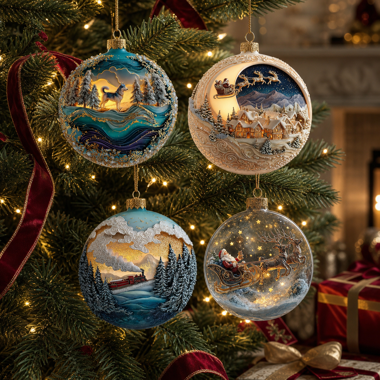 Four Homeward for Christmas ornament styles hanging together on an illuminated Christmas tree