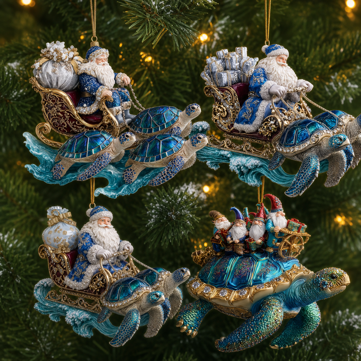 Four Turtle Drift Christmas ornament styles hanging together on an illuminated Christmas tree