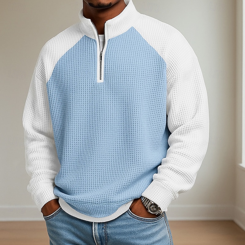 Light blue men's waffle-knit colorblock quarter-zip pullover